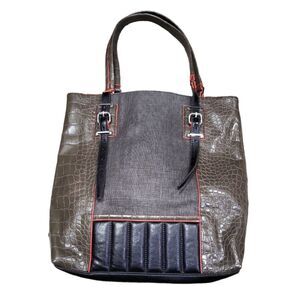 Simply Vera Vera Wang Olive and Black Croc-Textured Tote with Red Trim